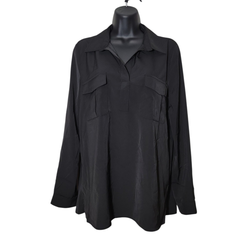 Doe & Rae Utility Roll Tab Tunic Blouse Black Polyester Relaxed Fit Small